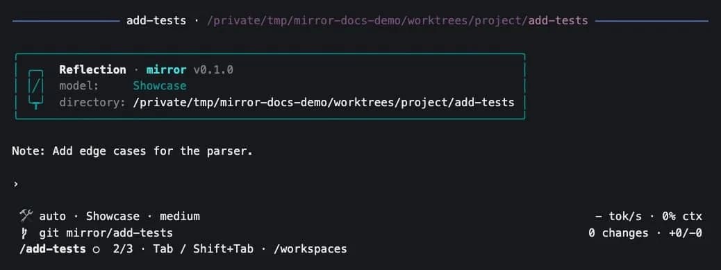 Mirror CLI session showing a workspace card, reasoning effort and approval mode in the footer, as taken from Reflection's docs