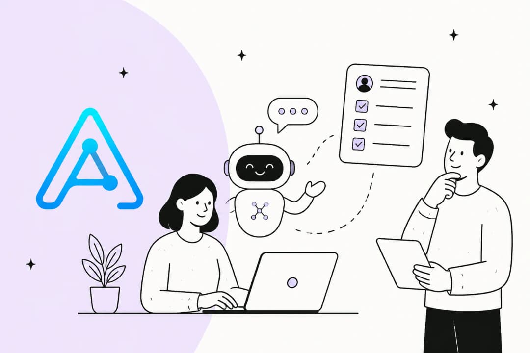 Ago AI review illustration showing an embedded support agent working alongside a person