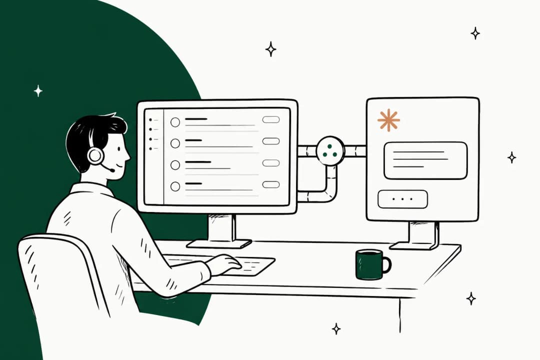 Illustration d'un agent de support avec une liste de tickets Zoho Desk sur un écran et un panneau d'assistant Claude sur l'autre, reliés par un tuyau de données