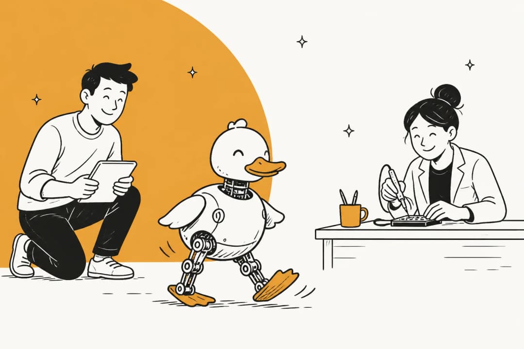 A cartoon two-legged robot duck waddling between two makers at a workbench