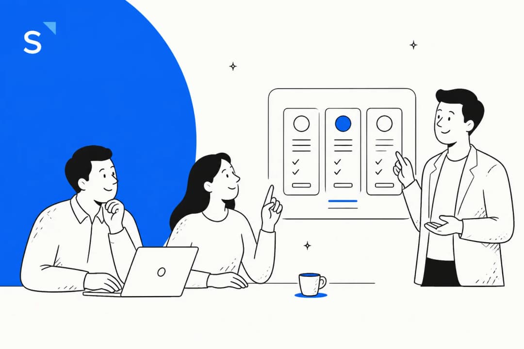 Three people reviewing a set of SleekFlow pricing plan cards on a board