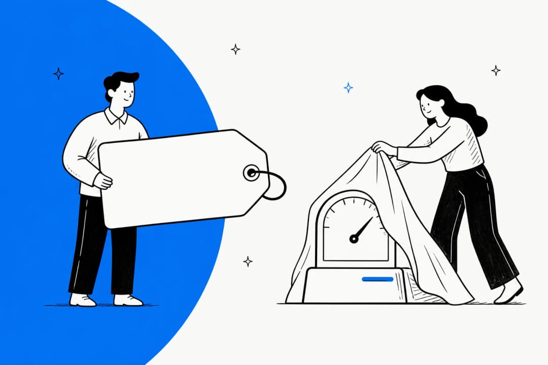 A person holding a blank price tag while another lifts a cloth off a hidden usage meter behind it