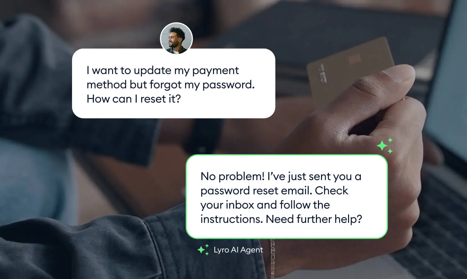 Tidio's Lyro AI agent resolving a password-reset request in a live chat thread, as taken from Tidio
