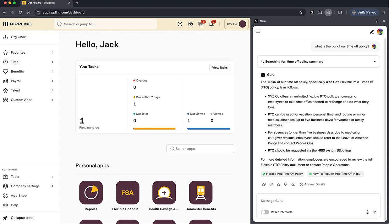 The Guru Chrome side panel answering a question about a time-off policy with cited source cards, over a separate dashboard