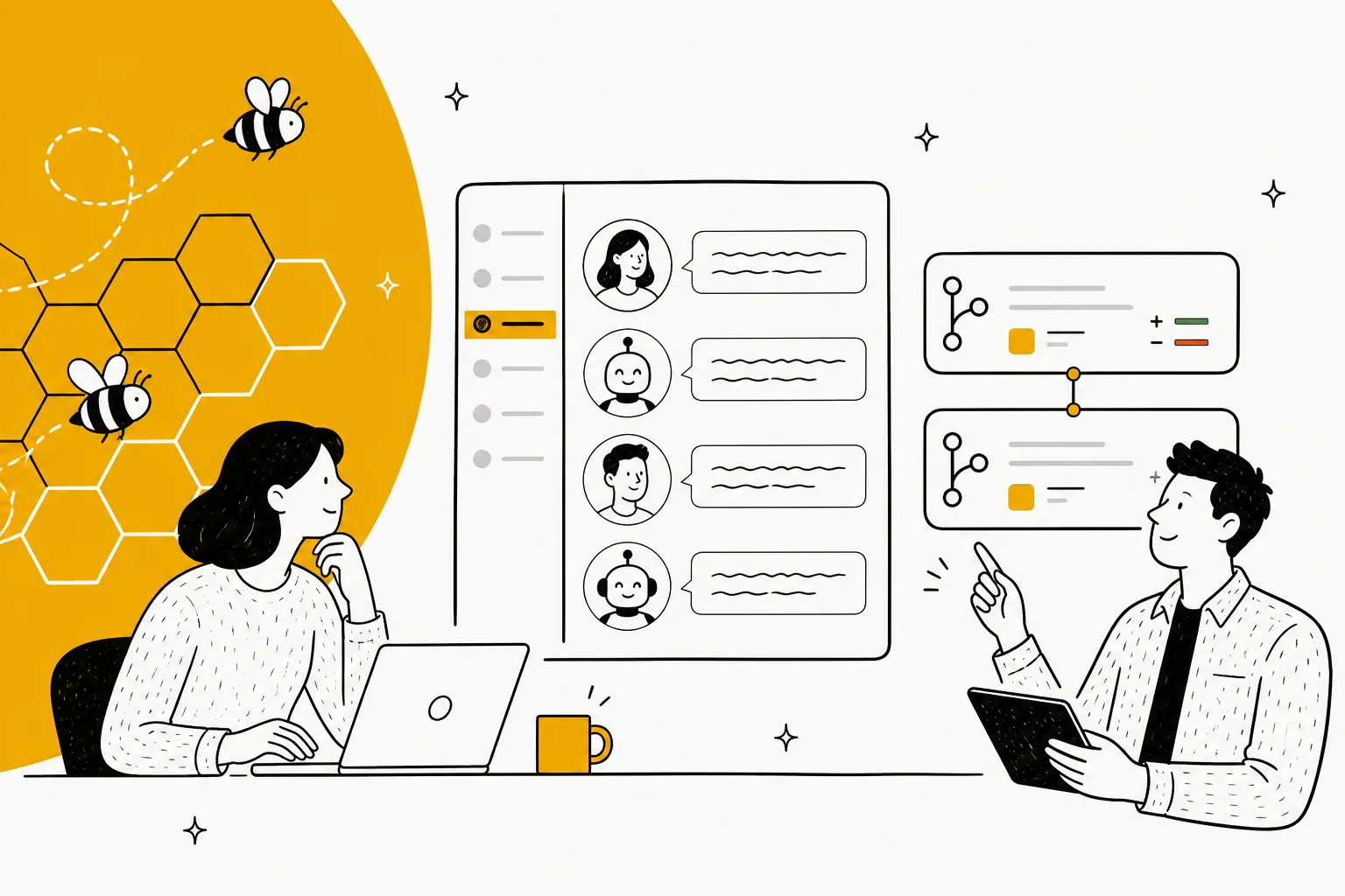 Illustration of the Buzz app: chat channels where people and AI agents collaborate, with a honeycomb motif