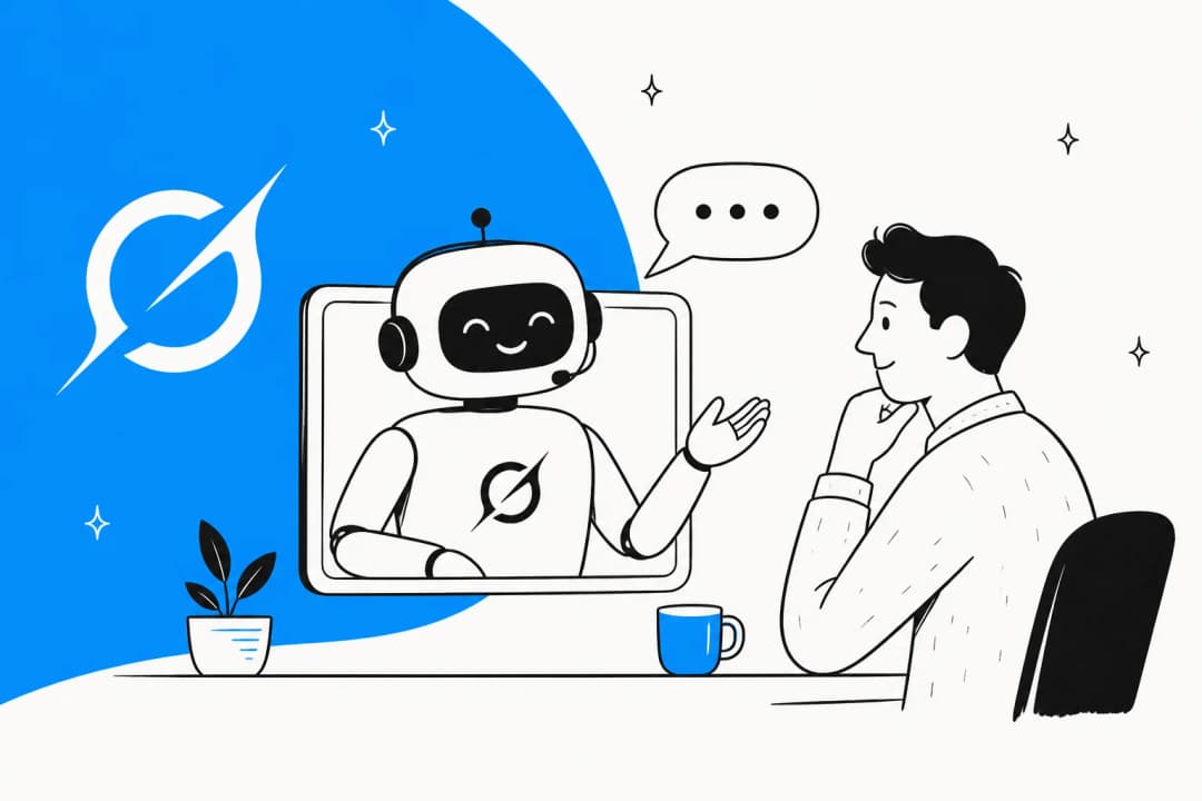 Illustration of a friendly bot on a screen talking with a person over coffee
