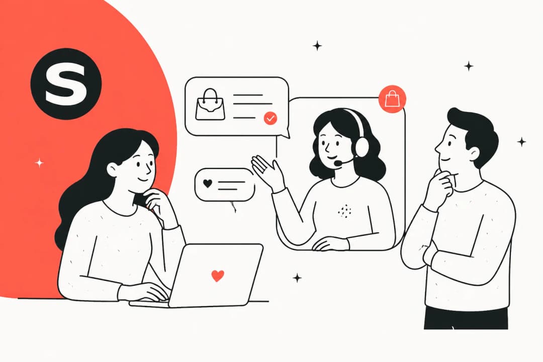Siena AI review - editorial illustration of a shopper, a support agent and chat cards carrying order and returns details, with the Siena mark alongside