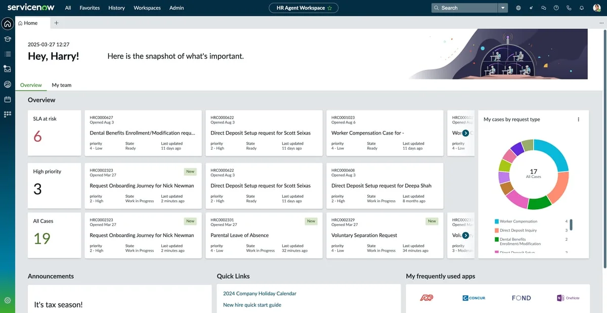 The ServiceNow HR Agent Workspace, showing open HR cases for parental leave, onboarding and worker compensation alongside an SLA-at-risk counter, as taken from ServiceNow