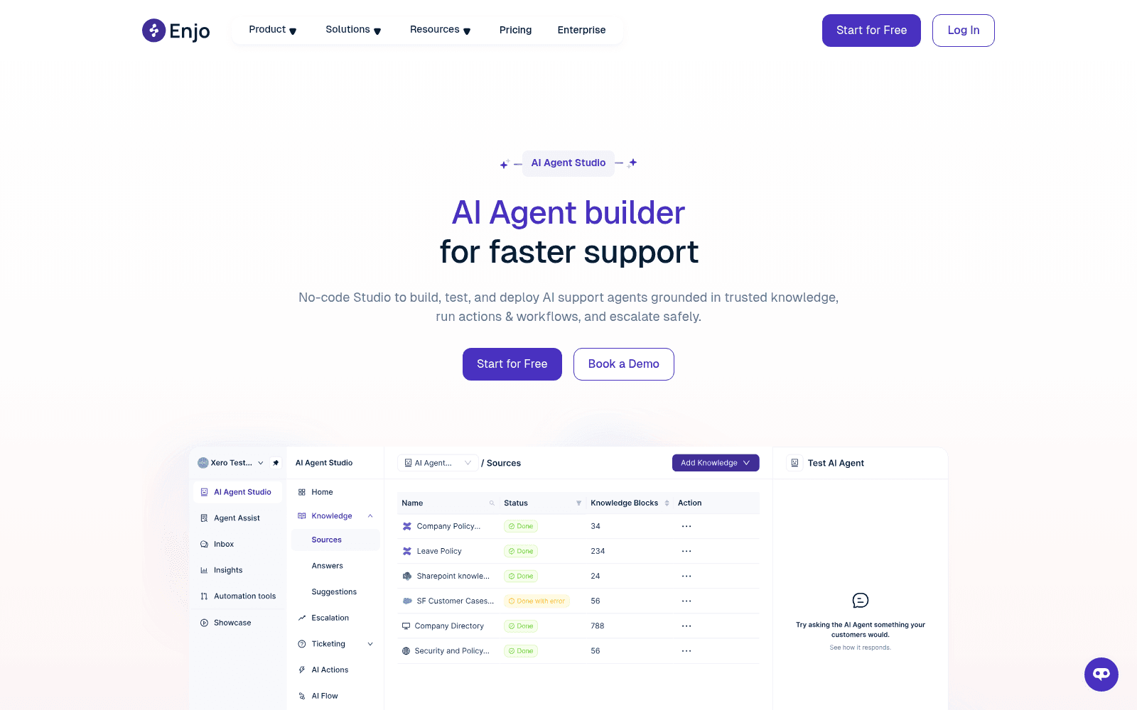 Enjo's AI Agent Studio page describing how agents are tested and tuned before launch, as taken from Enjo