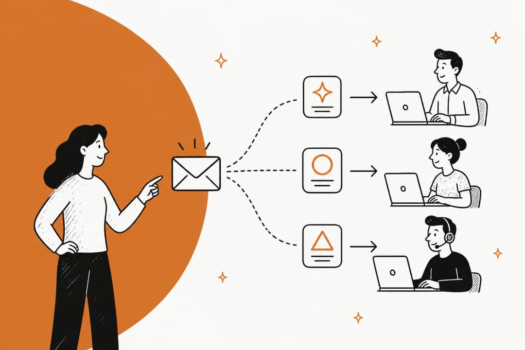 Illustration of an AI email triage pipeline sorting incoming tickets into a helpdesk queue