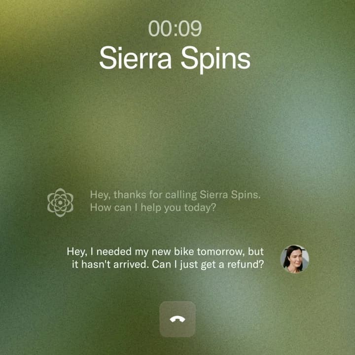 Sierra's voice agent handling a live refund call with a running transcript, as taken from Sierra