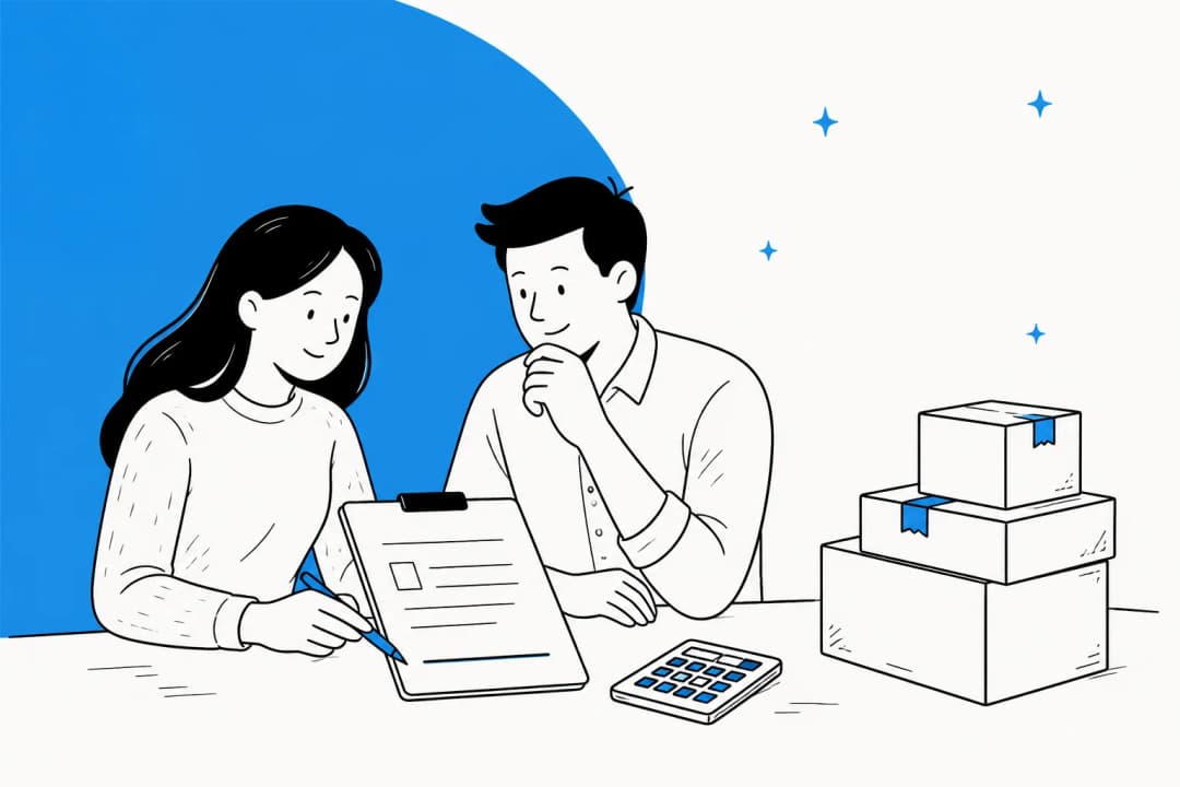 Illustrated banner of two people reviewing a contract order form with a blank price line, a calculator and a stack of parcels beside them
