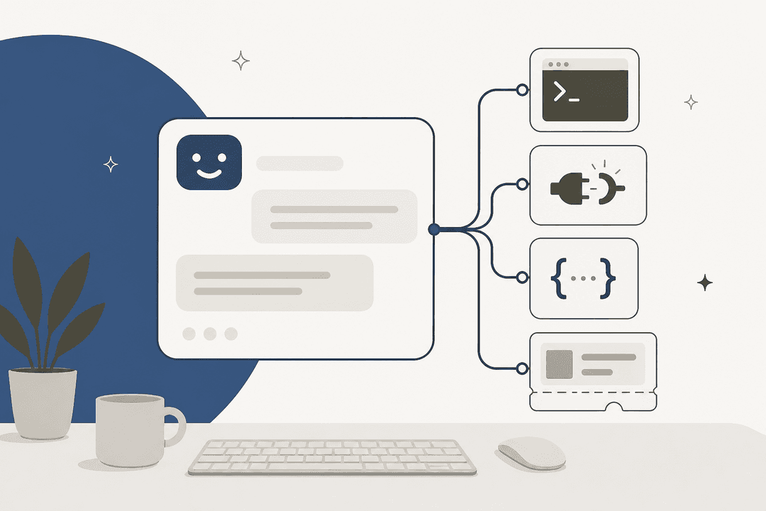 Illustration of an AI support agent panel wired out to a CLI, a webhook, an API, and a helpdesk ticket