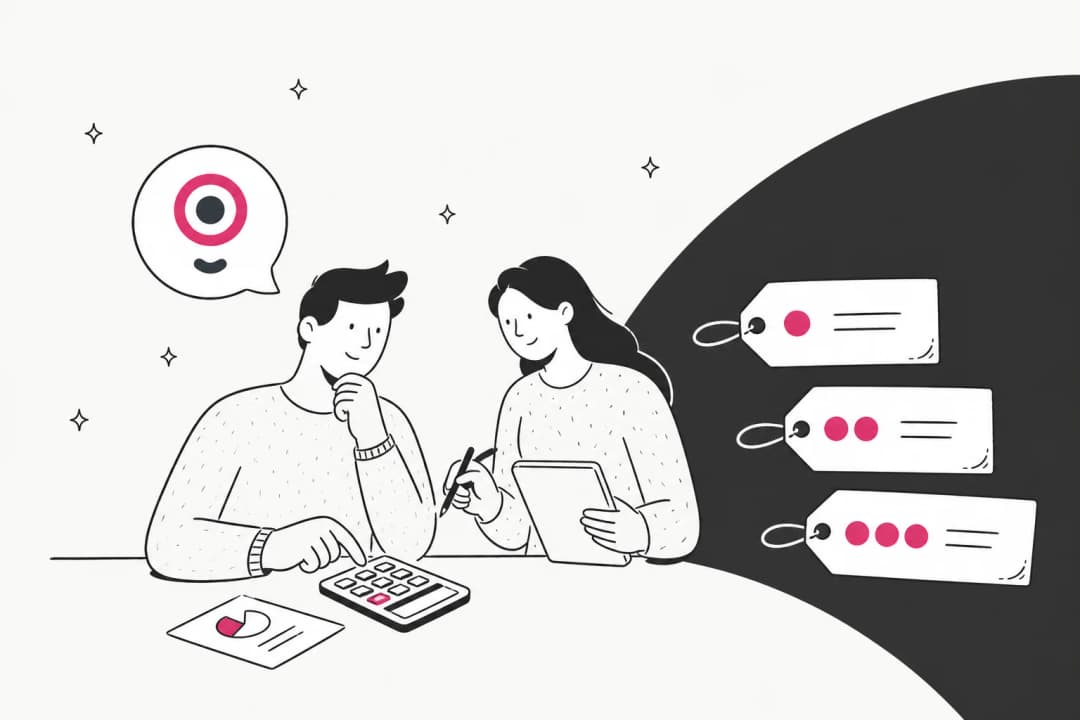 Hand-drawn illustration of two people working out a Landbot bill with a calculator and tablet, next to three price tags and the Landbot logo