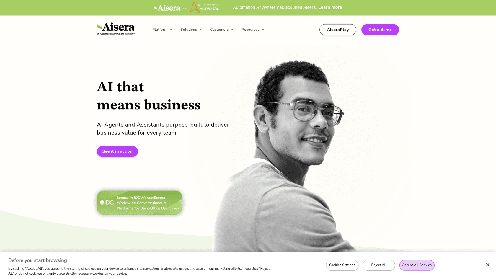 Aisera's site now carries an "an Automation Anywhere company" lockup under the logo, plus a banner announcing the acquisition, as taken from Aisera