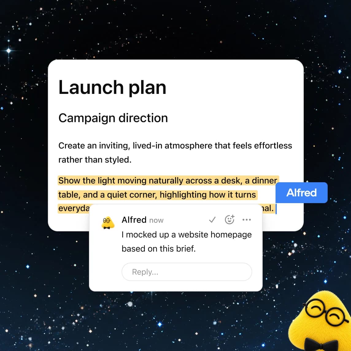Launch plan page in ChatGPT Space with a highlighted paragraph and a comment from a dot named Alfred saying it mocked up a website homepage, as taken from OpenAI's Space page