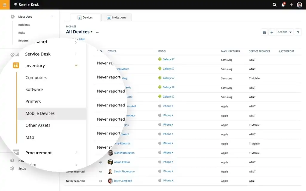 SolarWinds Service Desk inventory view listing managed mobile devices by owner, model and carrier