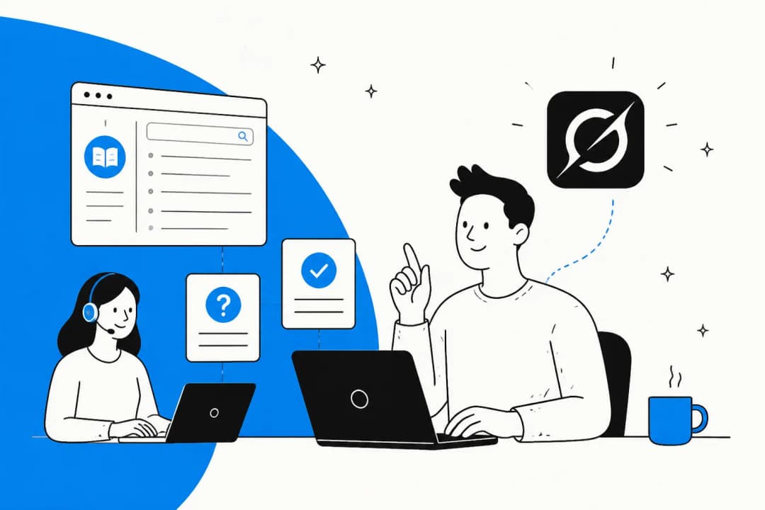 Illustration of a bot editing a customer support knowledge base and help center
