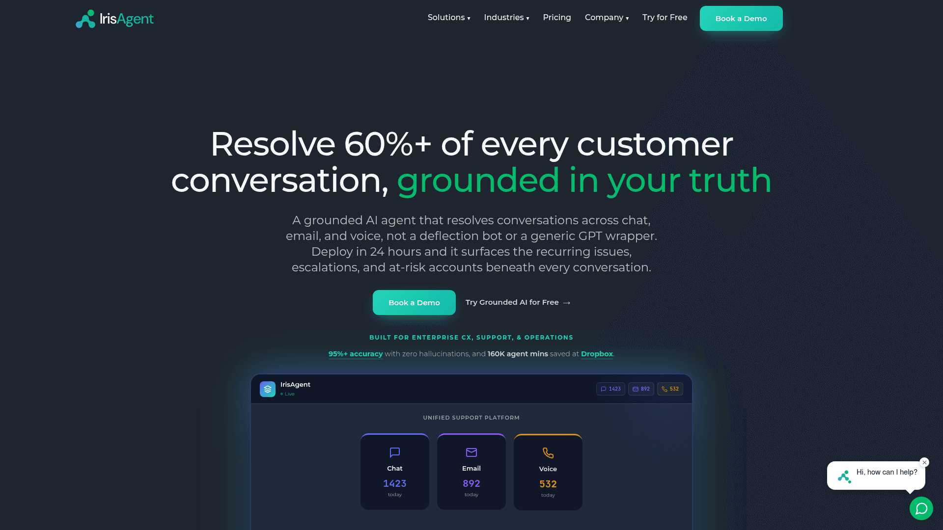 The IrisAgent homepage, showing its grounded AI agent positioning across chat, email and voice, as taken from IrisAgent