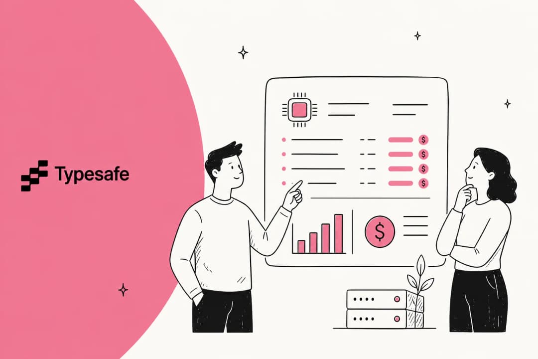 TypeSafe Jev pricing hero banner in rose and off-white, showing a low token cost per million