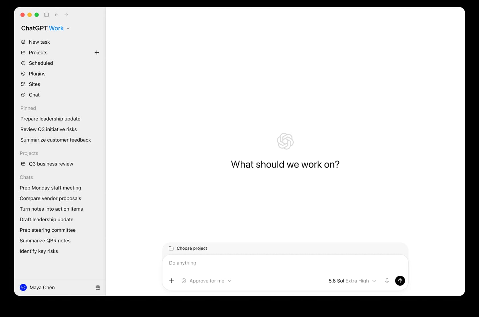 The ChatGPT Work agent interface, with a task-and-projects sidebar and a "What should we work on?" prompt, as taken from OpenAI