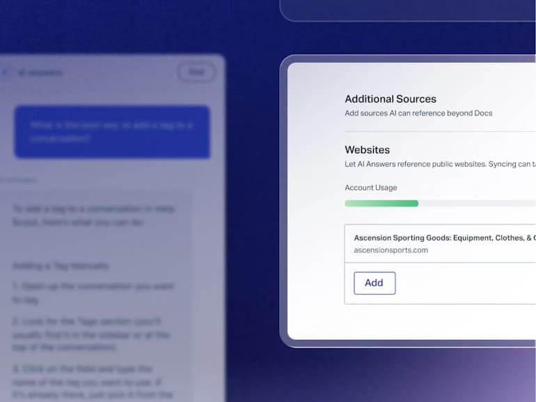 Help Scout's AI Answers knowledge-source settings, with the public websites toggle and account usage meter