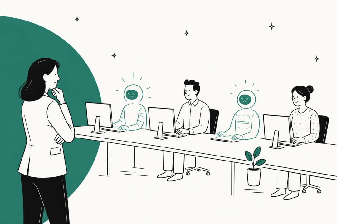 An office of desks where some workstations are staffed by software agents and others by people, illustrating a hiring decision between AI employees