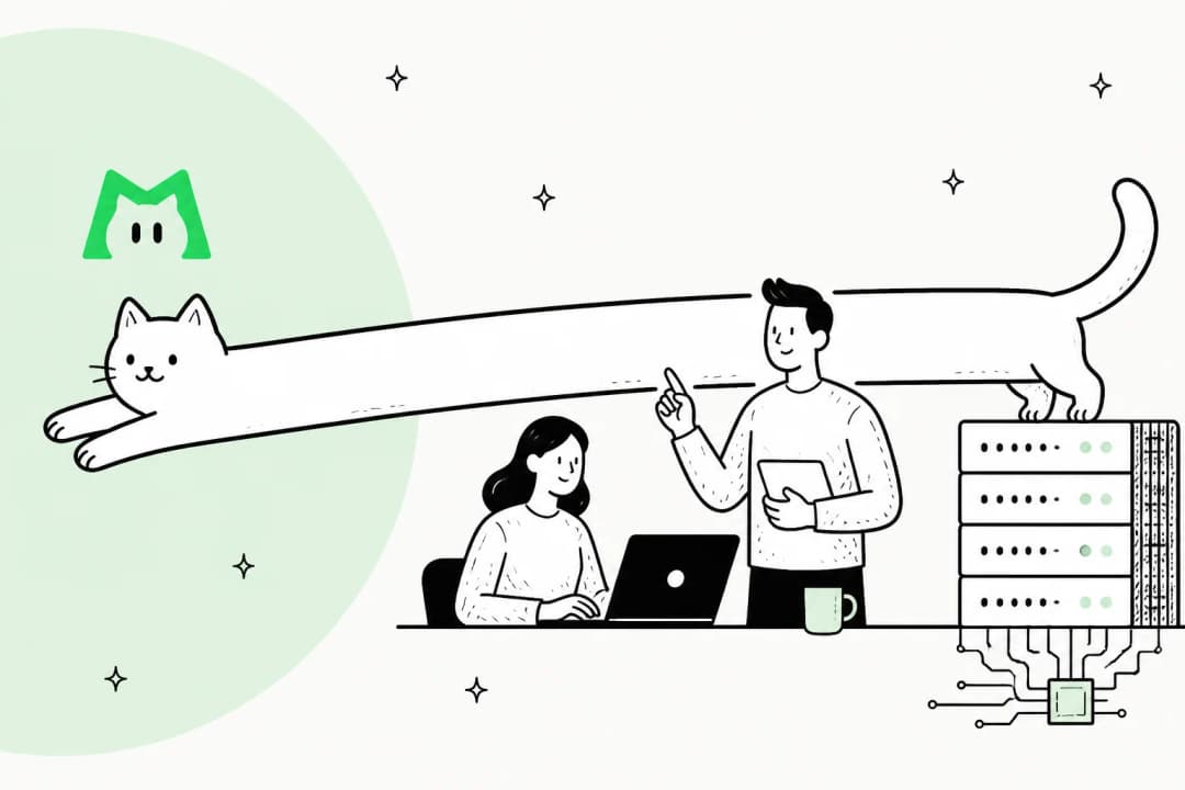 Illustration of a very long cat stretched across a desk beside a server rack, with the LongCat logo
