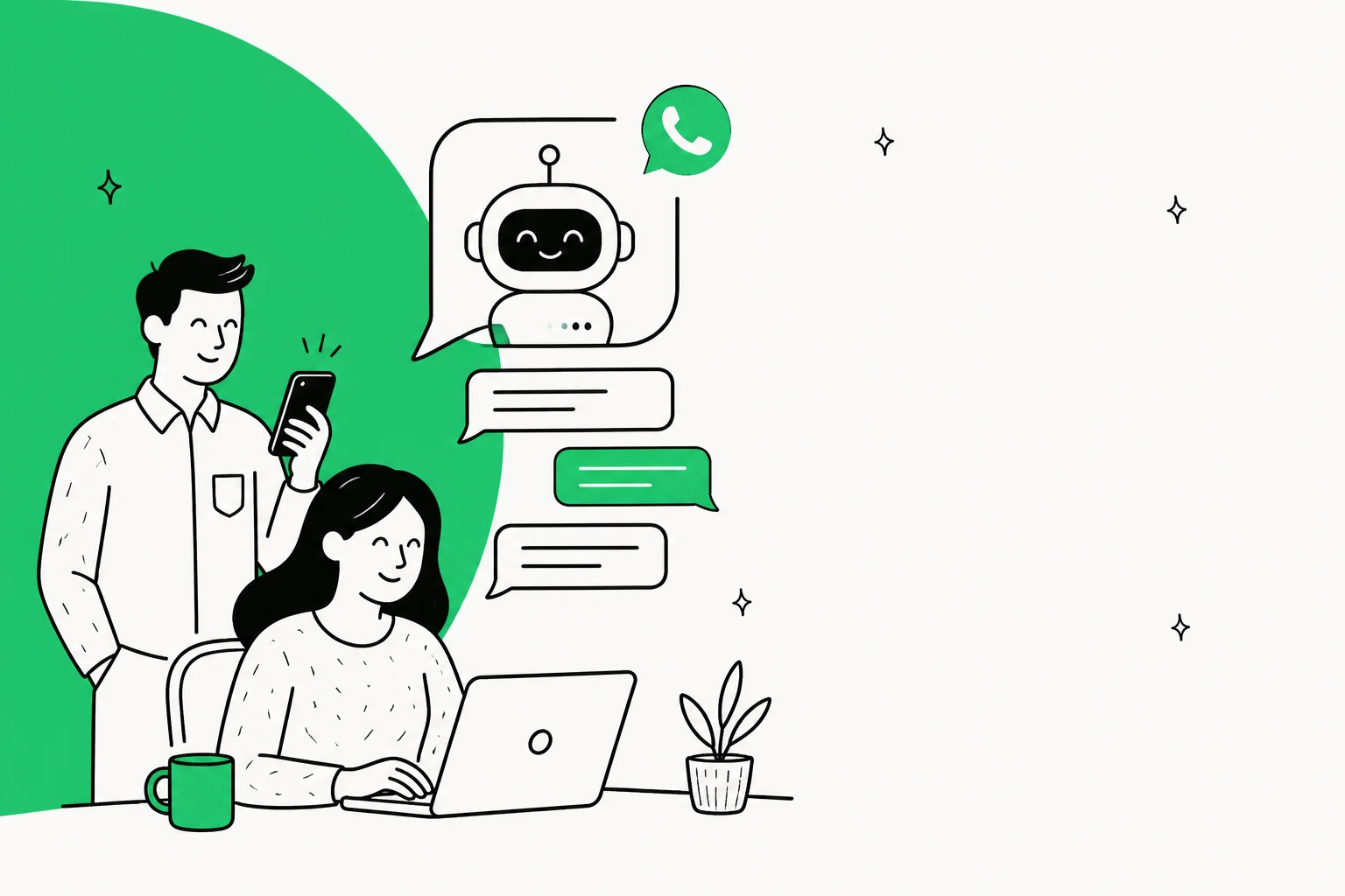 Illustration of a WhatsApp chatbot answering customer messages for a business