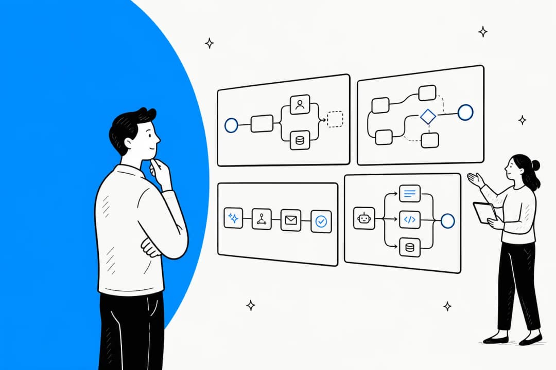 Hand-drawn illustration of a person comparing four different automation canvases, representing a roundup of Gumloop alternatives