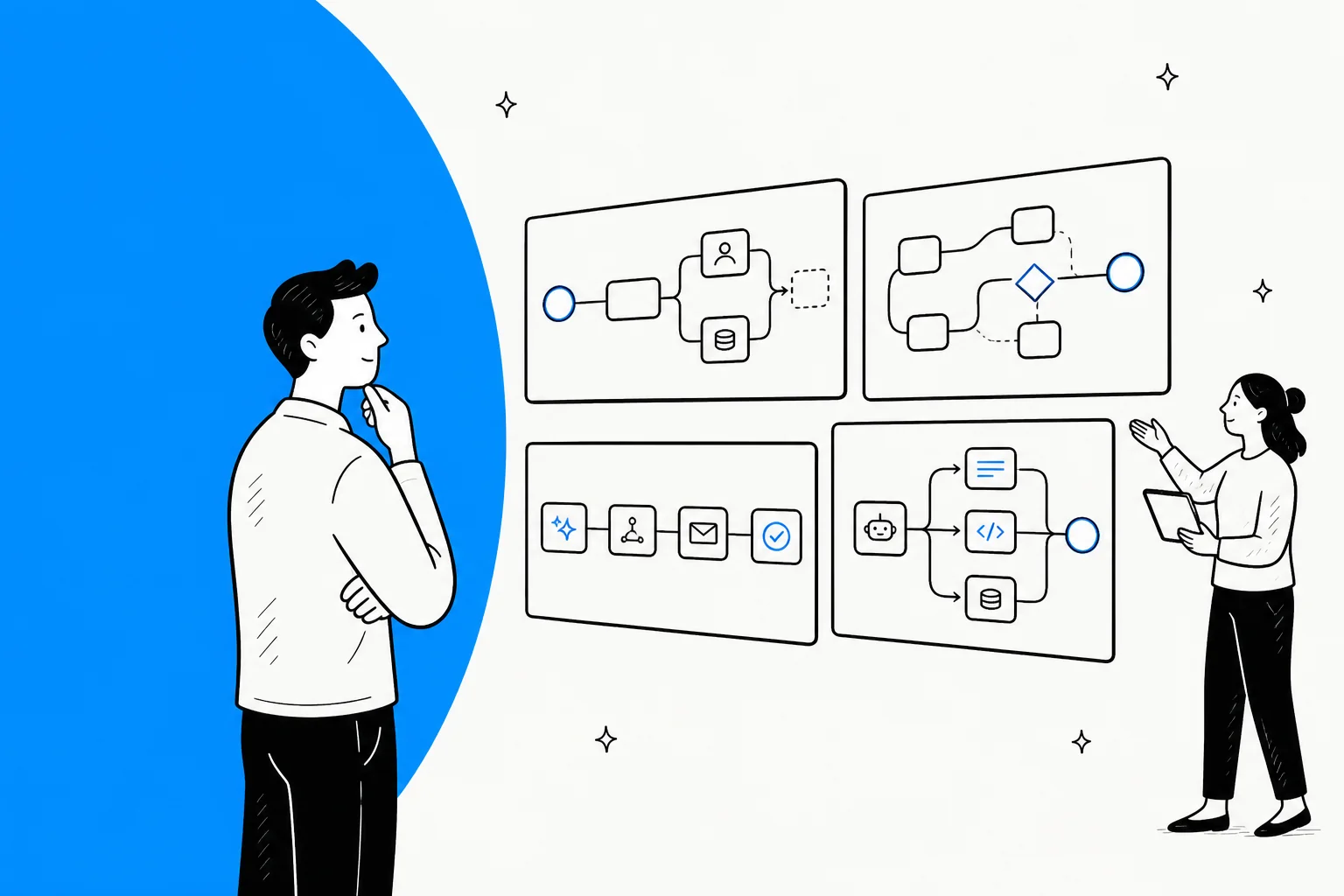 Hand-drawn illustration of a person comparing four different automation canvases, representing a roundup of Gumloop alternatives