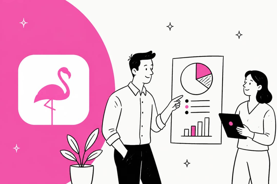 Hand-drawn illustration of two people reviewing a pricing breakdown chart next to the Flamingo logo