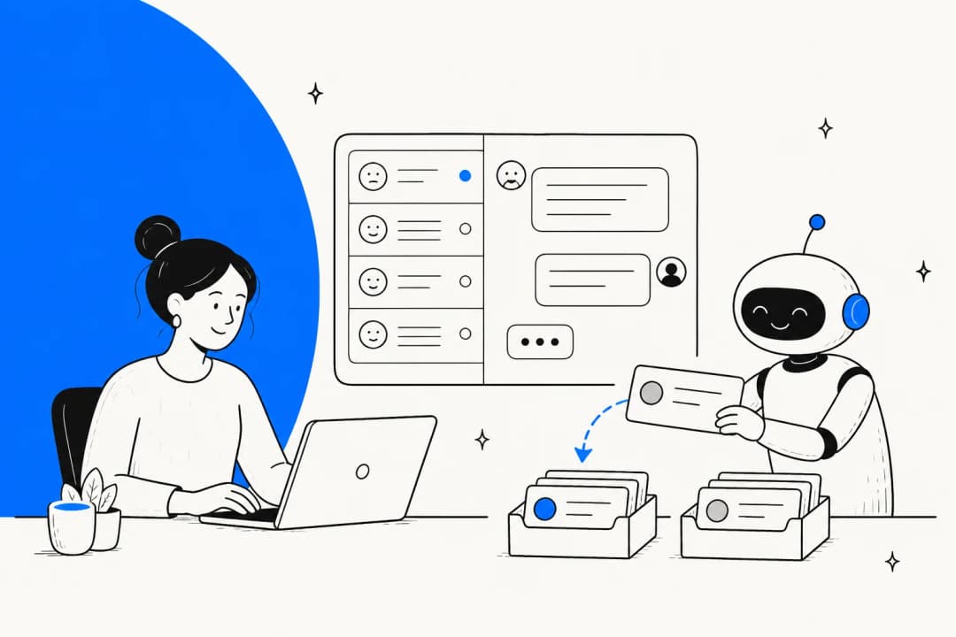 Hand-drawn illustration of a support agent at a laptop while a friendly AI robot sorts customer message cards into trays