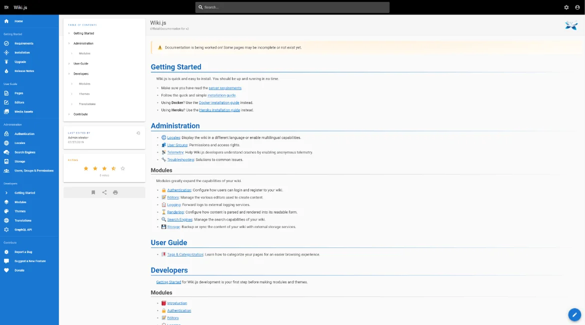 Wiki.js administration interface for a self-hosted wiki, as taken from Wiki.js
