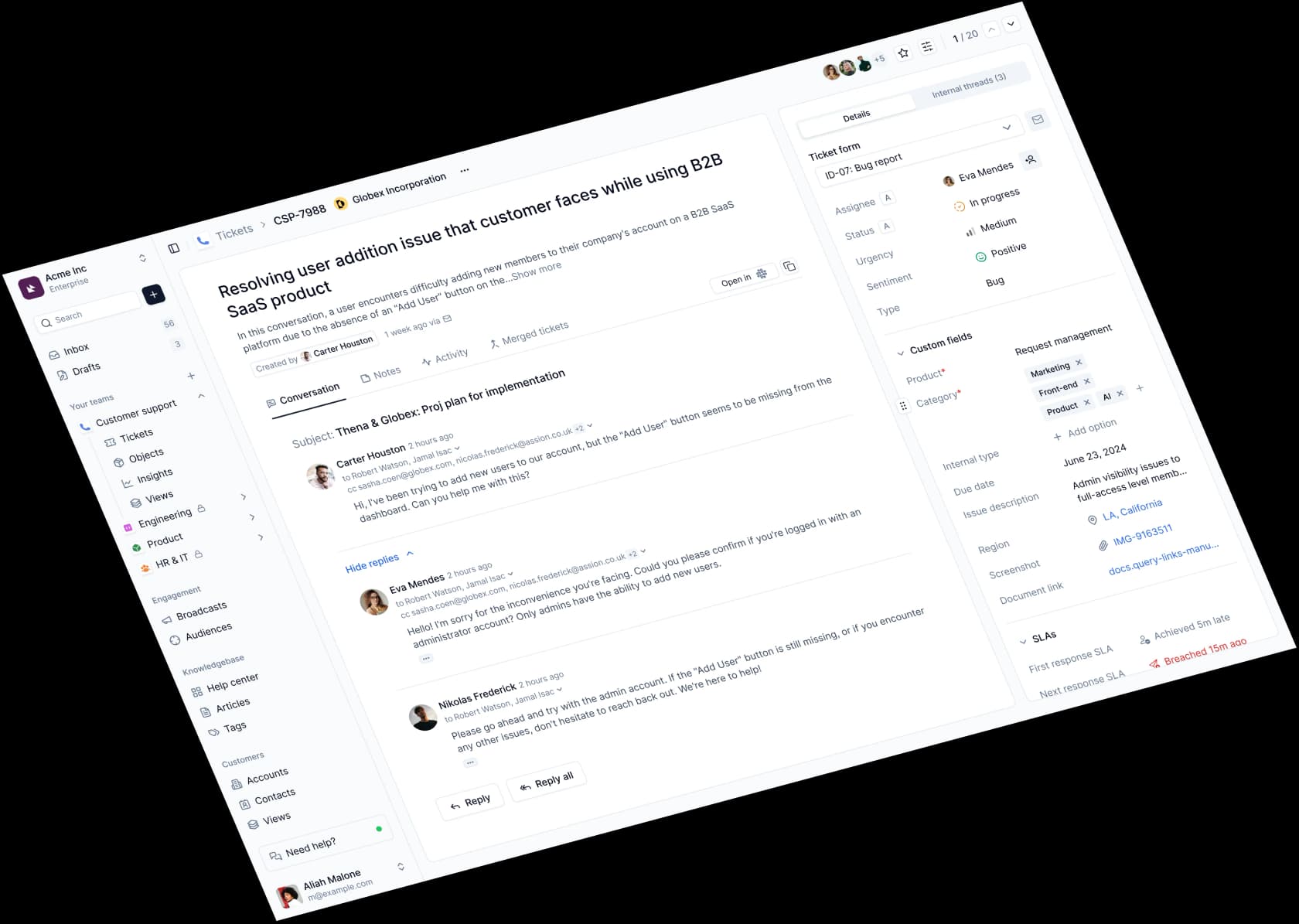Thena ticket detail view showing an email thread with SLA, sentiment and an open-in-Slack action, as taken from Thena