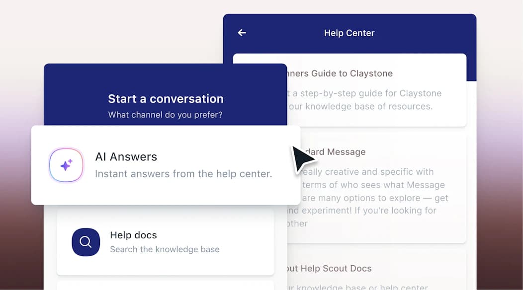 Help Scout Beacon widget offering AI Answers and a help-docs search over the knowledge base, as taken from Help Scout