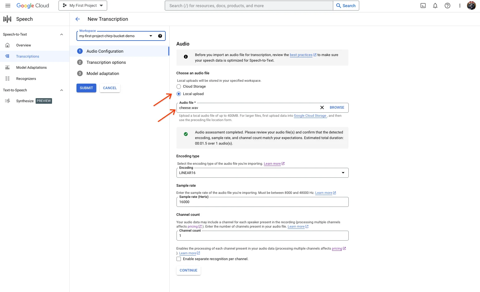 The Google Cloud Speech-to-Text console, where you configure and upload an audio file for transcription, as taken from Google Cloud