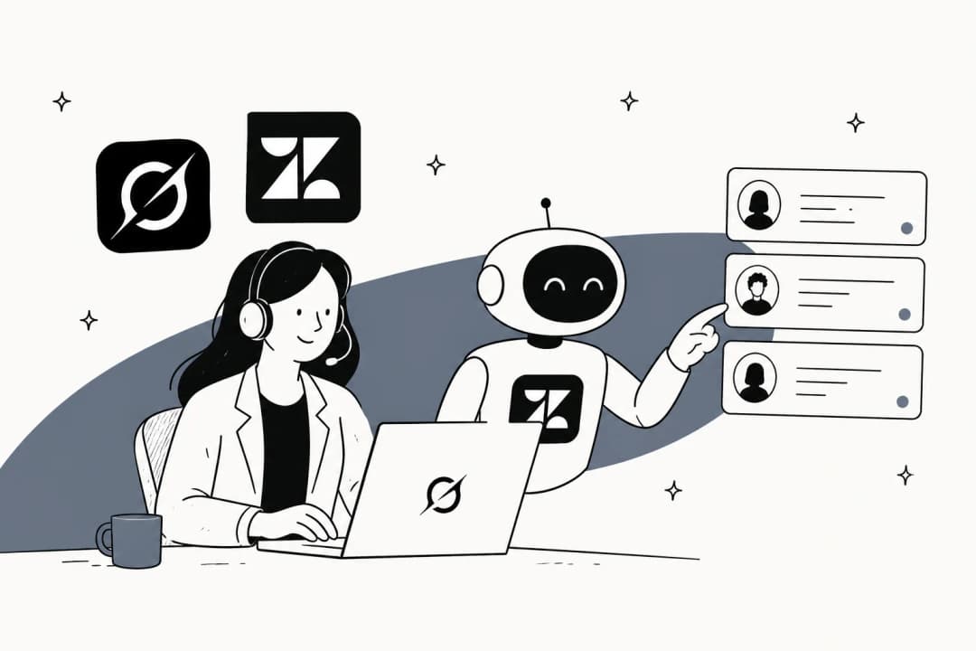 Grok Bot working a Zendesk support queue, illustrated hero banner