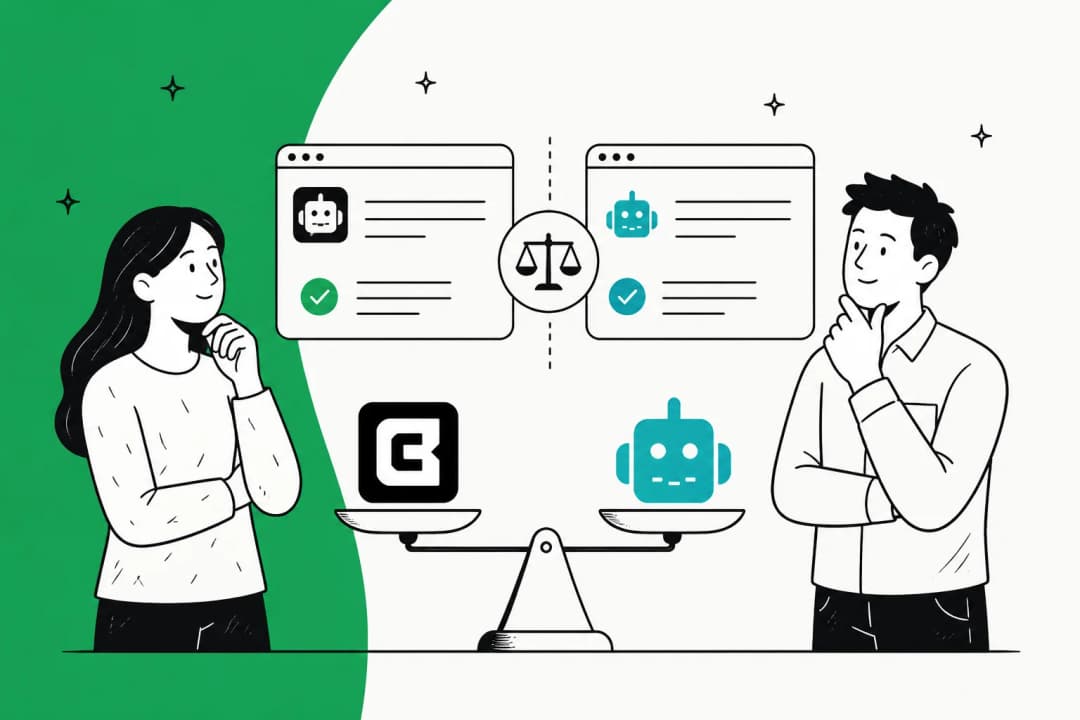 Chatbase vs DocsBot comparison, two AI support bots weighed on a balance scale