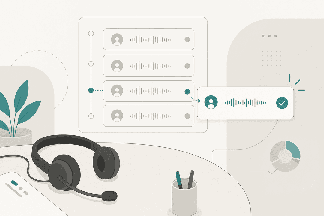 Illustration of a support desk with a headset beside a call queue panel, one call lifted out and resolved