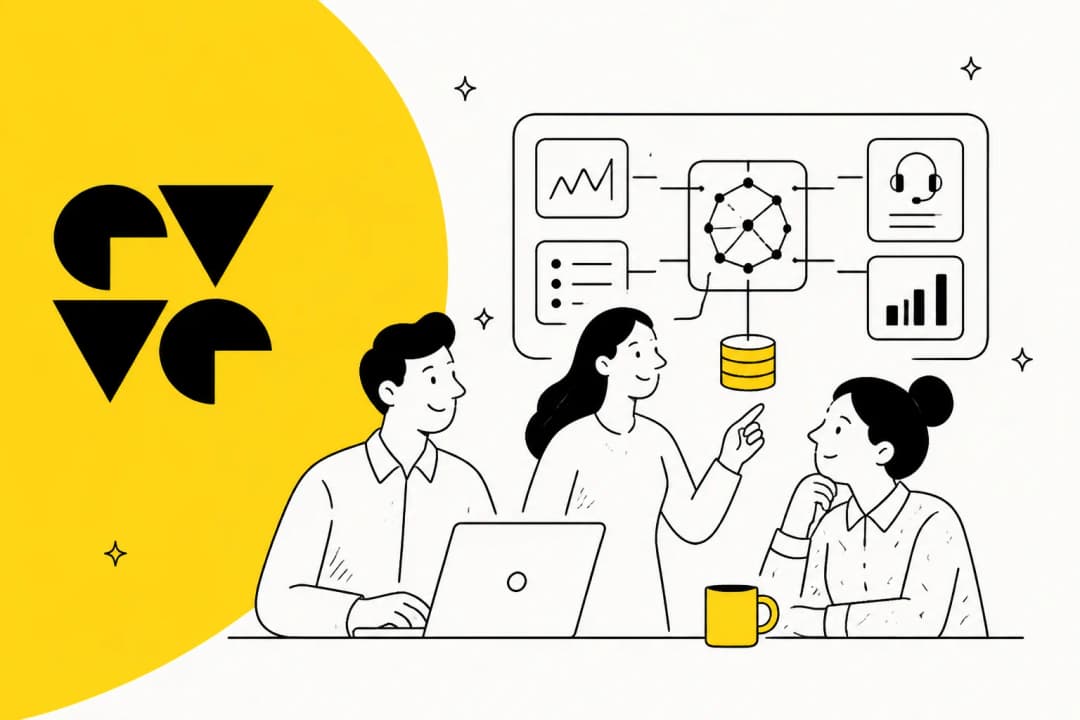 Illustrated banner for a roundup of DevRev alternatives, with the DevRev logomark on a yellow field beside a support team reviewing a connected data graph