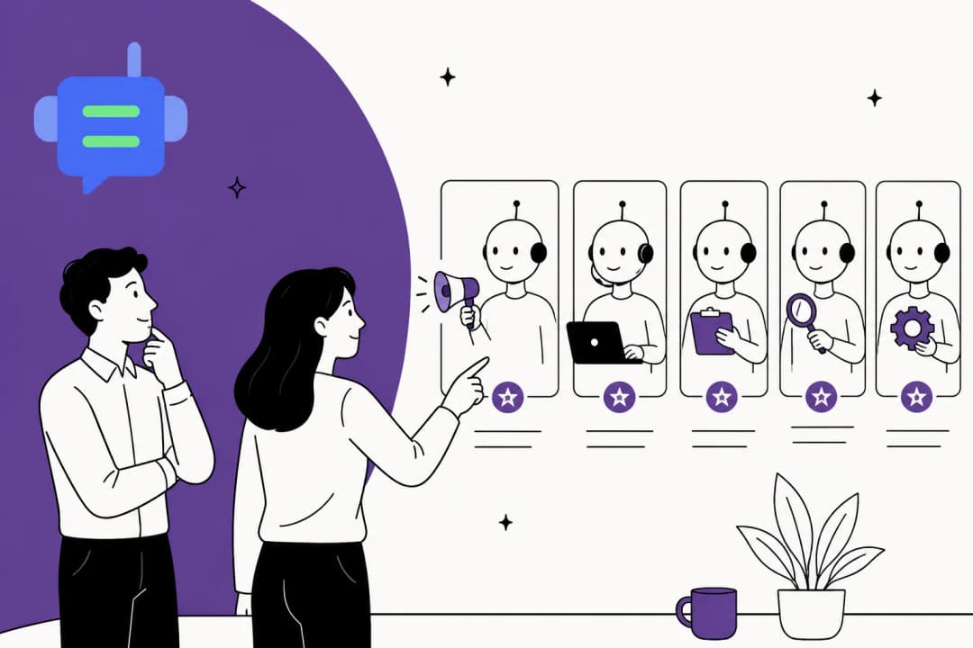Two people reviewing a row of AI employee role cards on a wall, in a violet and off-white editorial illustration