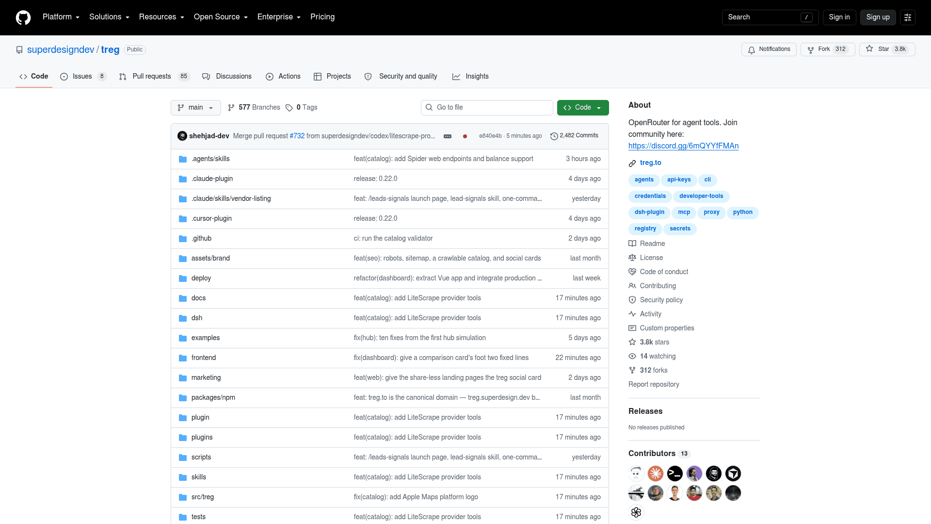 The superdesigndev/treg GitHub repository showing 3.8k stars, 312 forks, 13 contributors and folders for the plugin, skills, dashboard and docs, as taken from GitHub