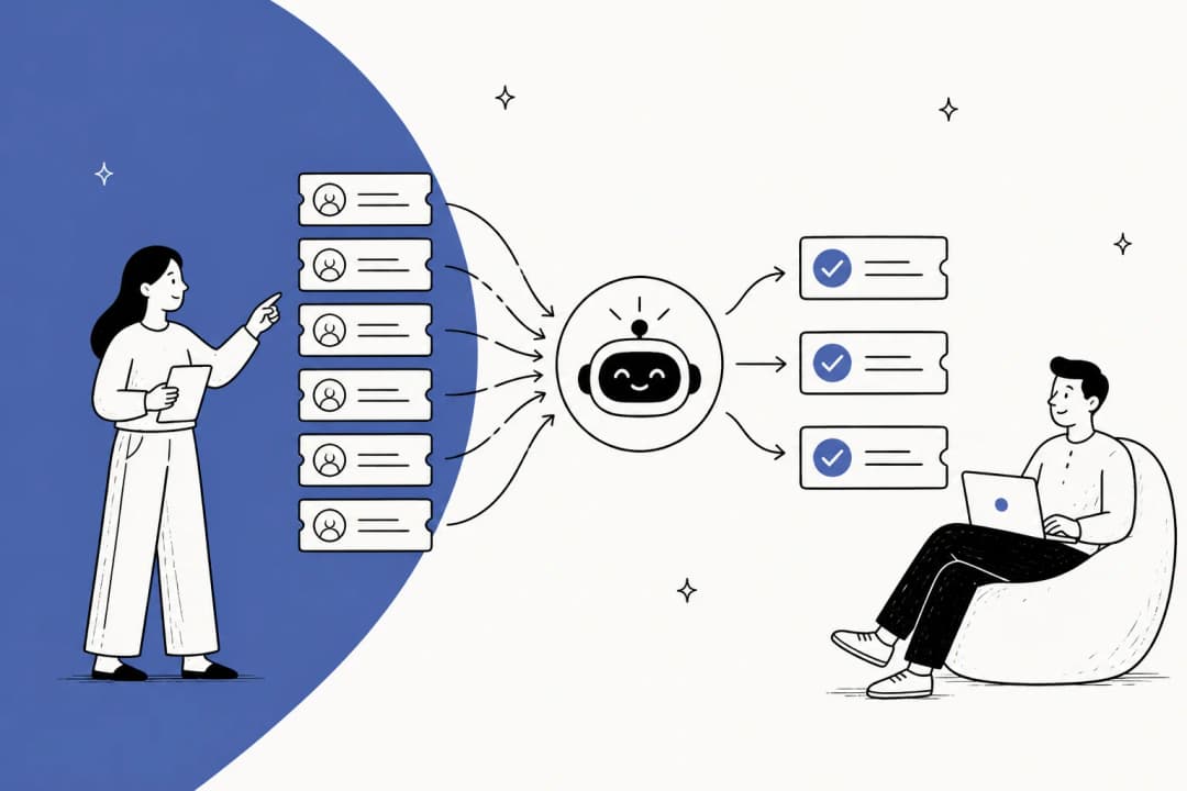Illustration of support tickets being triaged and resolved automatically, for a 2026 guide to AI ticketing systems