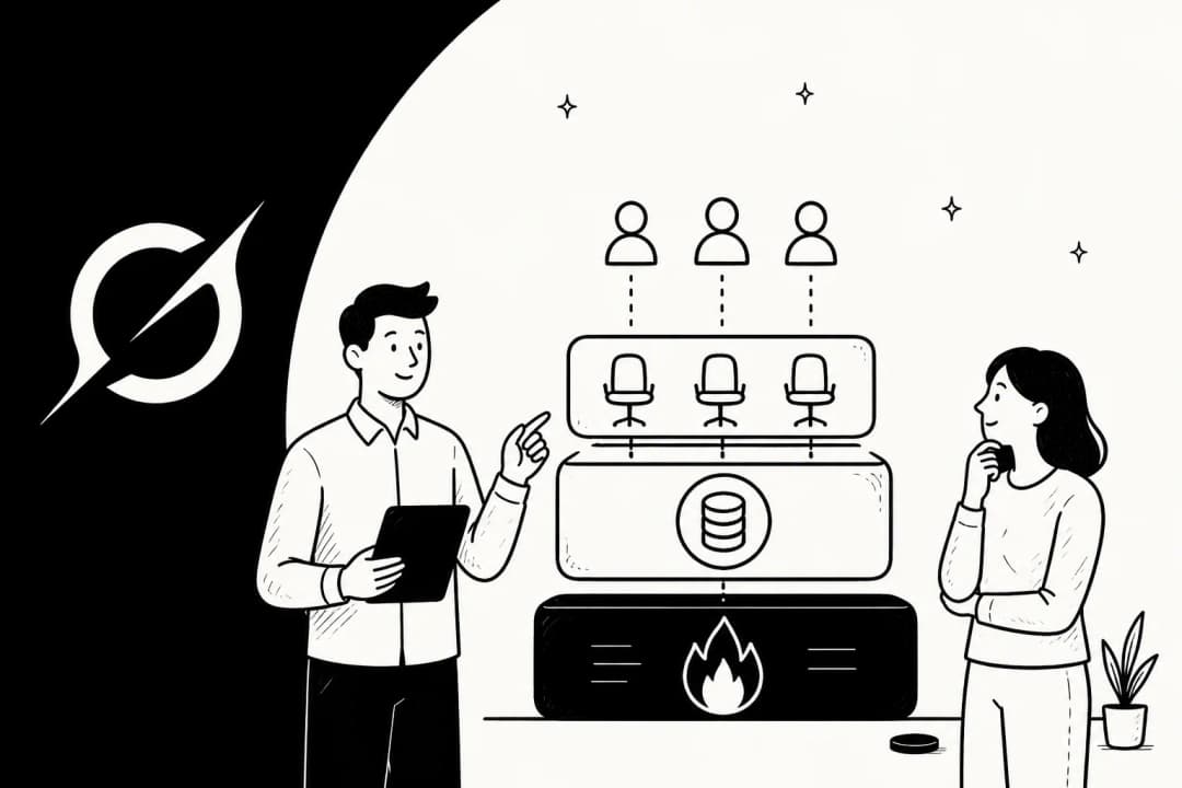 Illustration de deux personnes examinant une pile de couches de coûts, sièges en haut et consommation de tokens en bas, avec le logo Grok à gauche