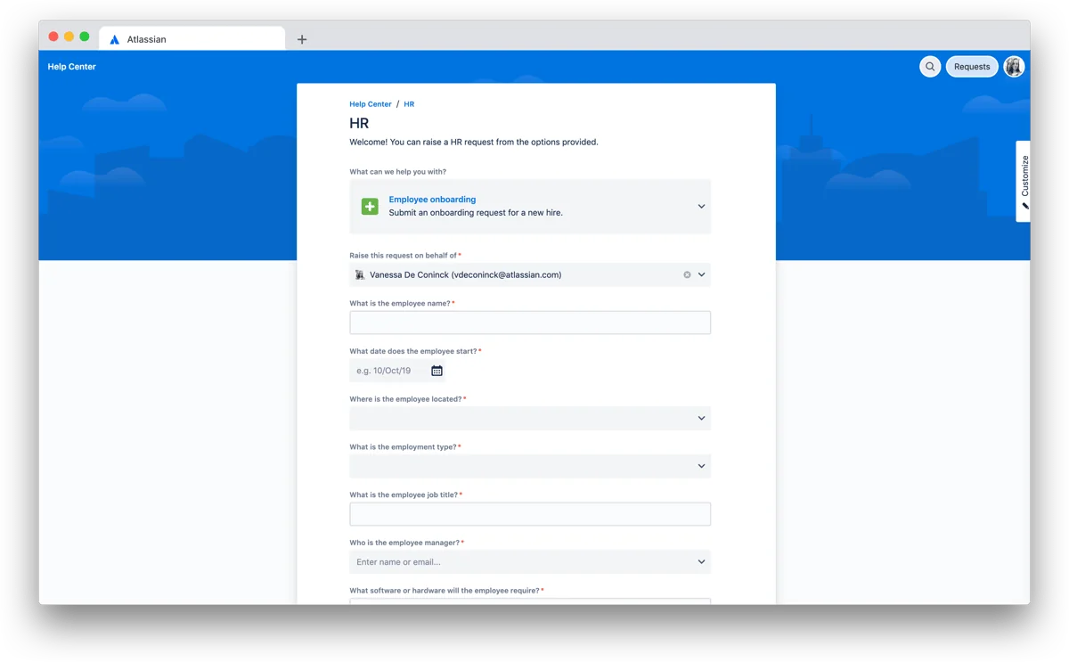 The Jira Service Management help centre showing an HR portal with an employee onboarding request form, as shown on Atlassian's listing