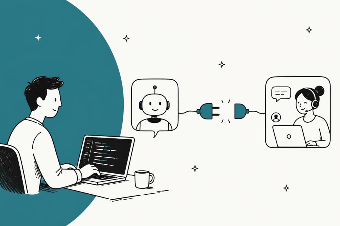 Illustration of a developer wiring an AI agent into a helpdesk through an API plug