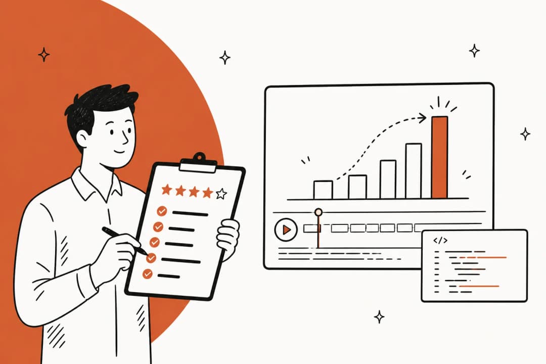 Hand-drawn illustration of a reviewer holding a star-rated scorecard next to an animated bar chart on a video timeline with a code panel