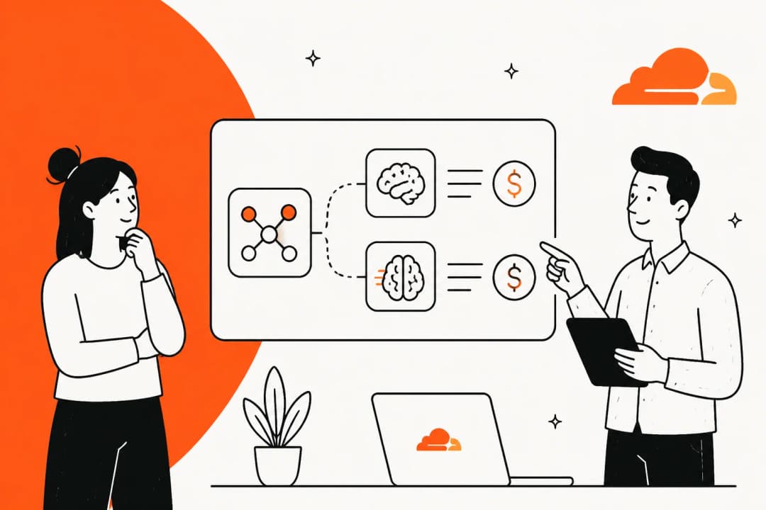 Cloudflare Clef pricing hero banner in Cloudflare orange, two people comparing the cost of two decision models
