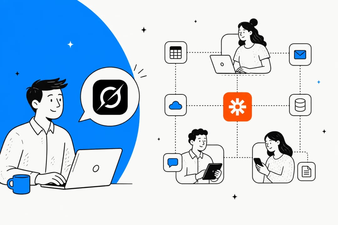 Grok Bot signing into your apps on one side and Zapier Agents built across a 9,000-app workflow grid on the other, split down the middle.